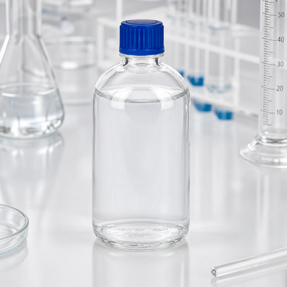Flacone in vetro trasparente ClearLine UT18 da 100 ml, di qualità da laboratorio, con tappo blu da 11 mm per prodotti chimici
