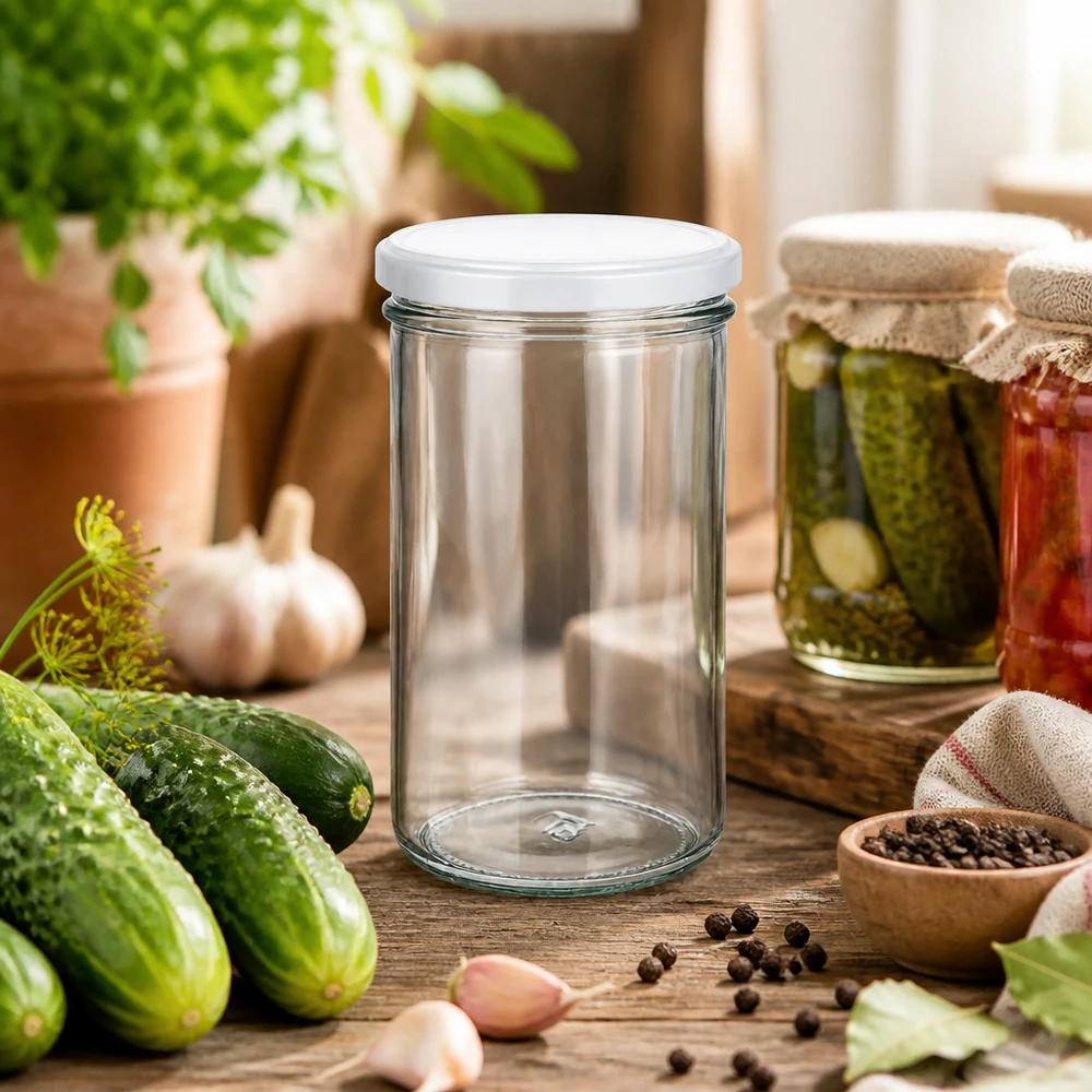 277ml Sturzglas mit BasicSeal Deckel weiß UNiTWIST 277ml Sturzglas in rustikaler Küchenszene mit Gurken und Gewürzen - vielseitiges Einmachglas für Pickles