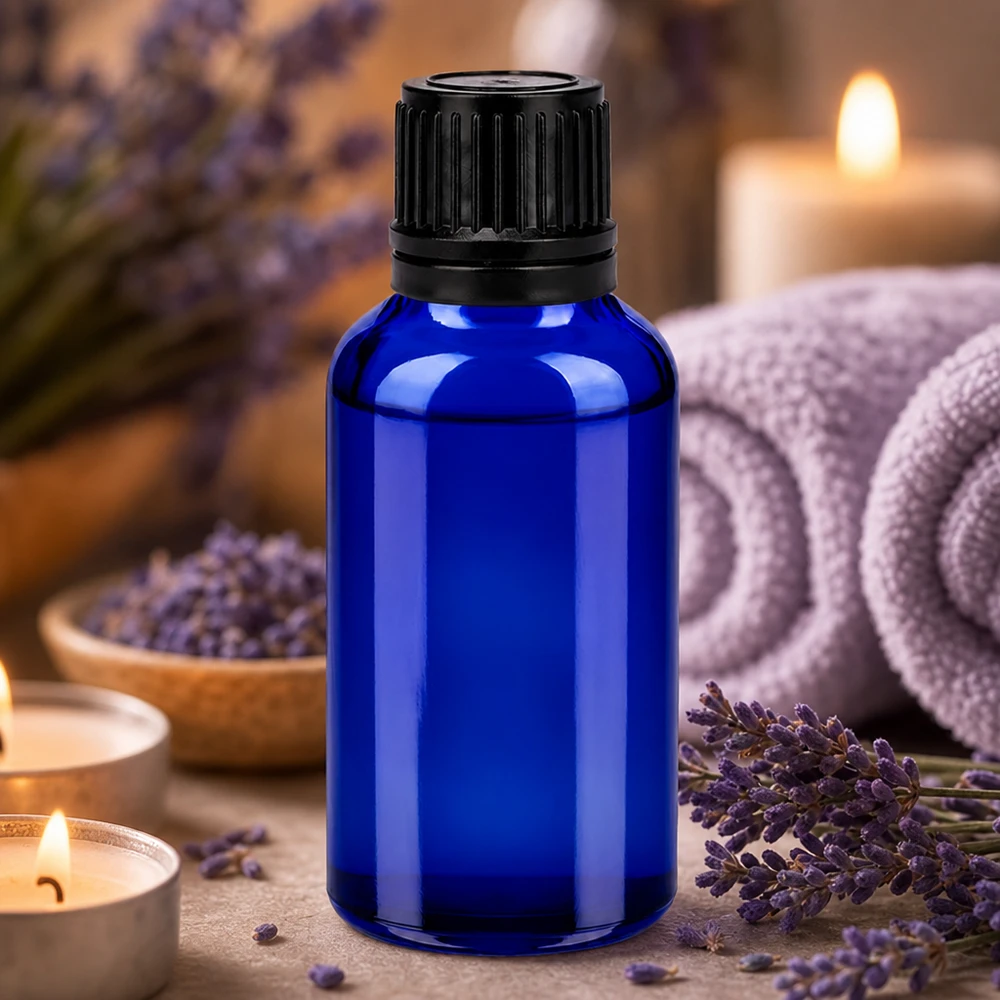 Flacone di alta qualità da 30 ml in un vivace colore blu, perfetto per la lavanda e altre essenze.