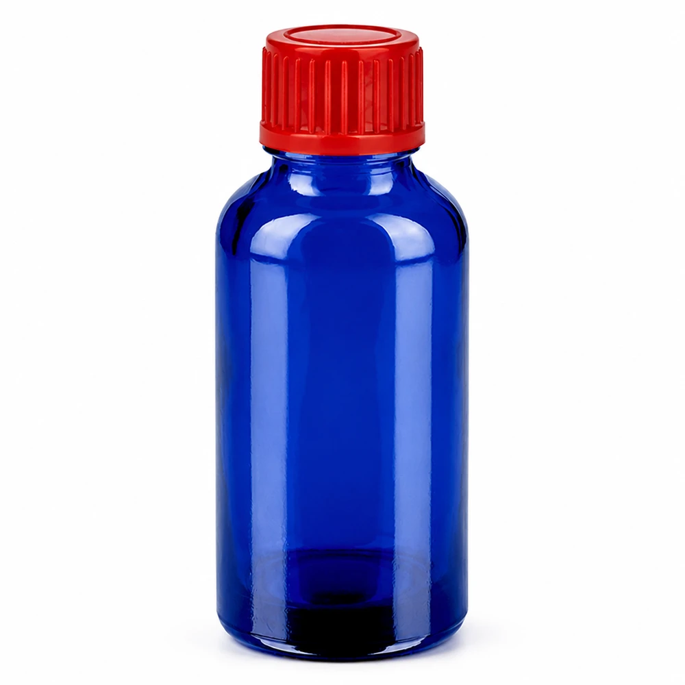 Flacon de 30ml 11mm SV rouge STD BlueLine UT18/30 Bouteille de pharmacie 30ml bleue avec bouchon standard rouge pour médicaments liquides