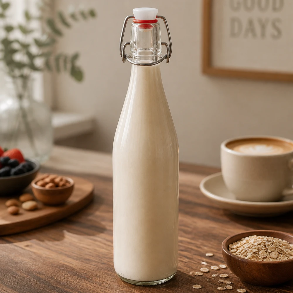 Bottiglia di vetro da 500 ml + tappo oscillante in porcellana UNITWIST Bottiglia di vetro a capote 500ml riempita di latte d'avena su tavolo di legno accanto a tazza da caffè e farina d'avena