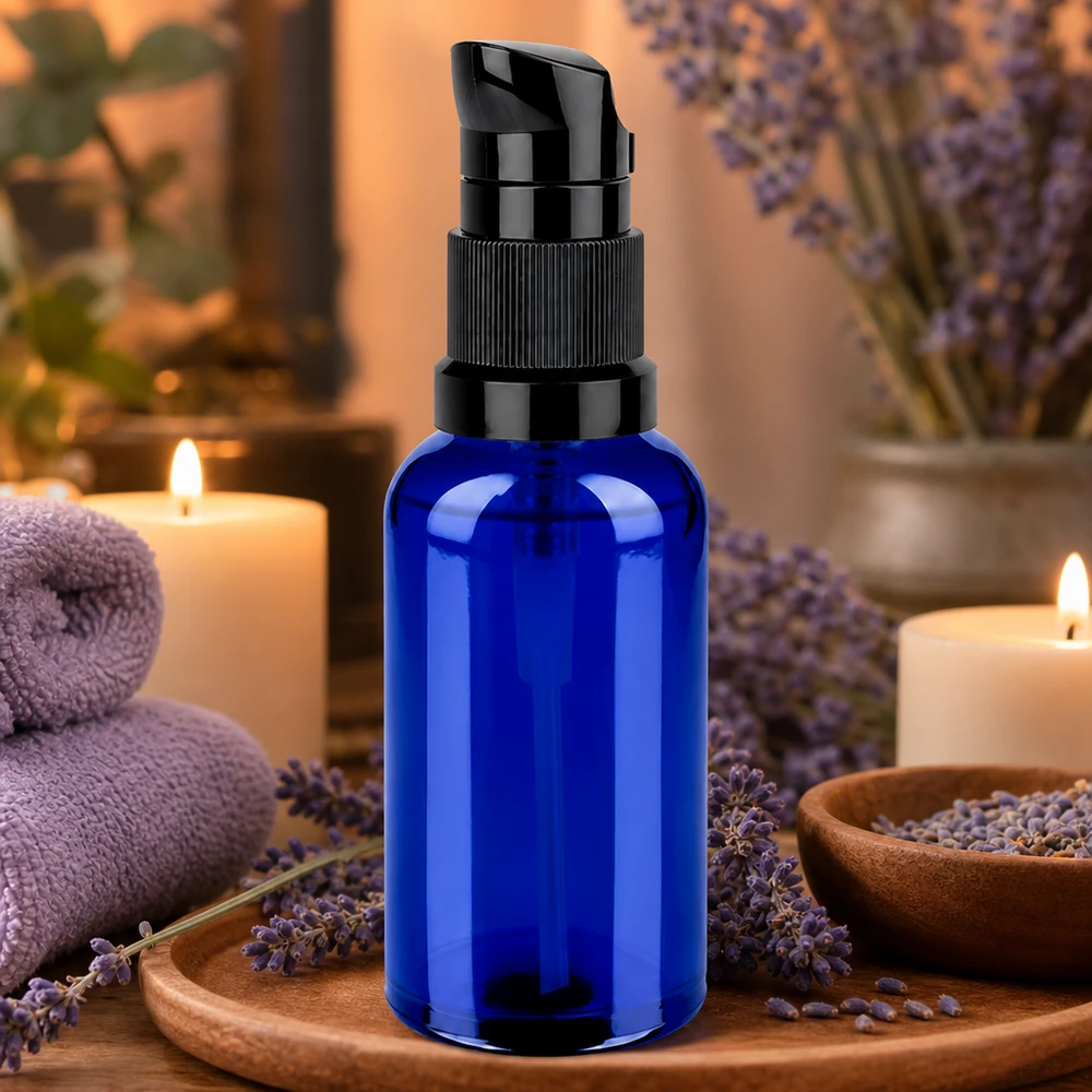 50ml Pumpflasche schwarz Standardverschluss BlueLine UT18/50 Praktische 50ml Pumpflasche STD BlueLine UT18/50 mit hygienischem Pumpverschluss für Aromatherapie