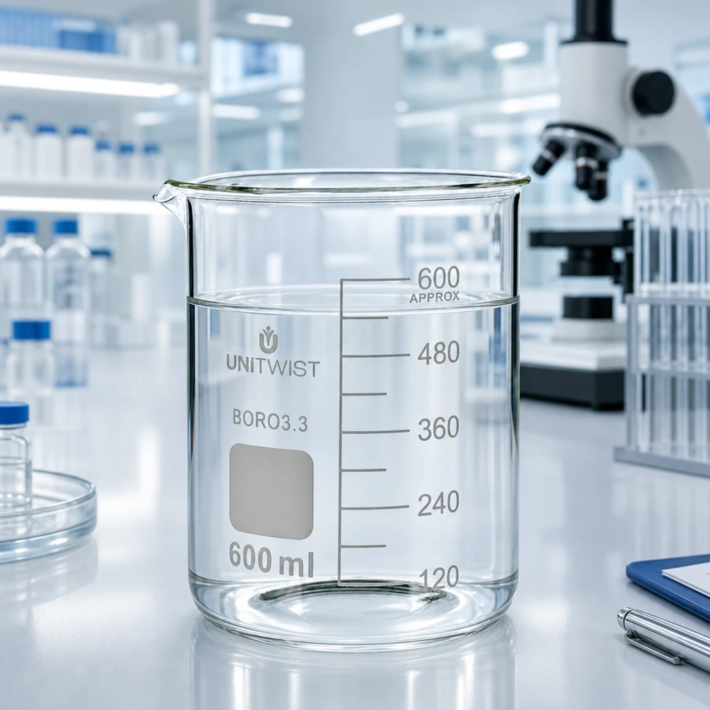 Bicchiere da 600 ml in borosilicato, stampo basso UNiTWIST Bicchiere da laboratorio UNiTWIST da 600 ml in borosilicato 3.3 trasparente con spazio per l'etichettatura in un laboratorio moderno