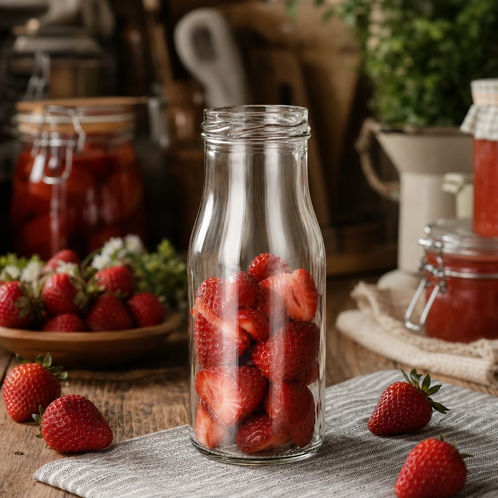 150ml Flasche ohne Deckel (TO43) UNiTWIST UNiTWIST Bottle150 Glasflasche 150ml TO43 mit frischen Erdbeeren gefüllt auf rustikalem Holztisch mit Marmeladengläsern