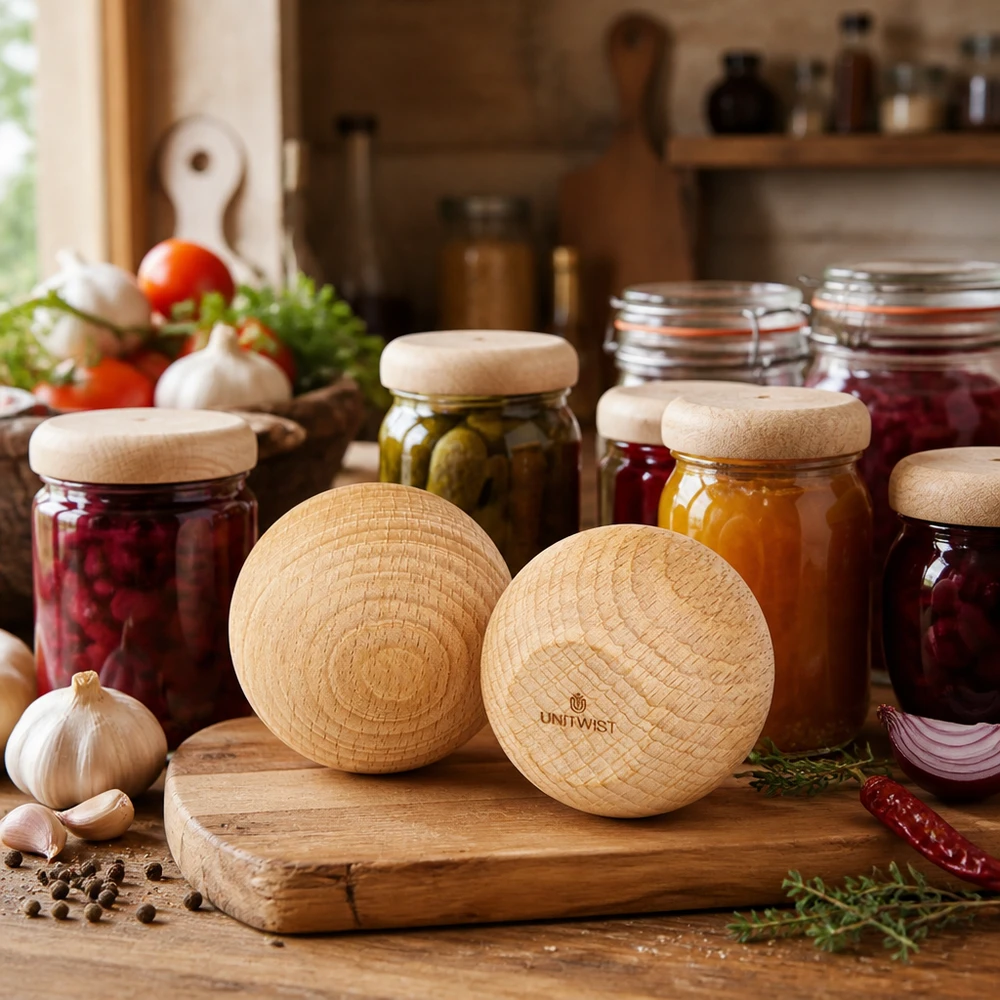 Palla in legno UNiTWIST (faggio) per WECK RR60 Palline UNiTWIST in legno di faggio WECK RR60 in una cucina rustica con barattoli di conserva e ingredienti freschi Esempio di applicazione