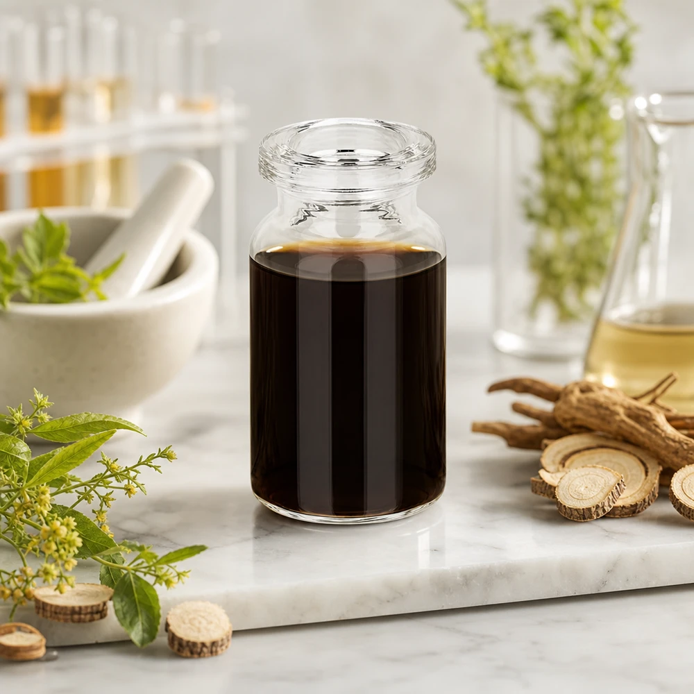 Bottiglia per iniezione in vetro trasparente 5ml Klarglas Injektionsflasche 5ml für Naturextrakte mit Likörwurzel und grünen Kräutern dekoriert