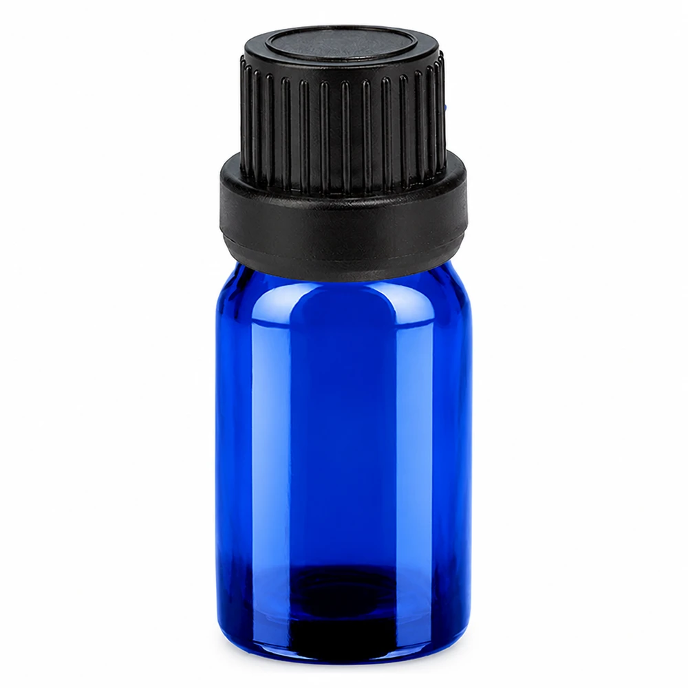 Flacon compte-goutte 5ml 2mm noir OV BlueLine UT18/5 Flacon compte-gouttes compact de 5ml en verre bleu avec bouchon OV noir format UT18