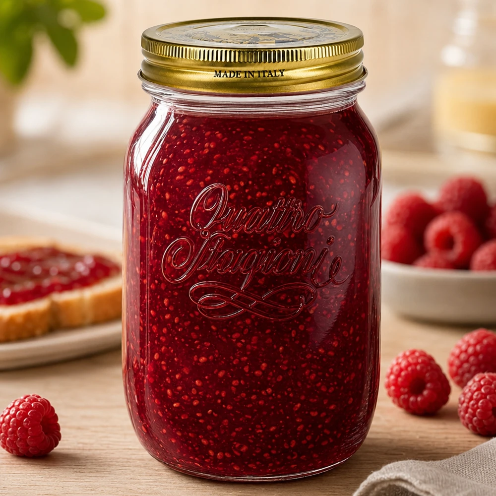 Barattolo rotondo "Quattro Stagioni" da 1000 ml con coperchio Vaso Quattro Stagioni da 1000 ml riempito di marmellata di lamponi circondato da lamponi freschi Vaso da conserva italiano