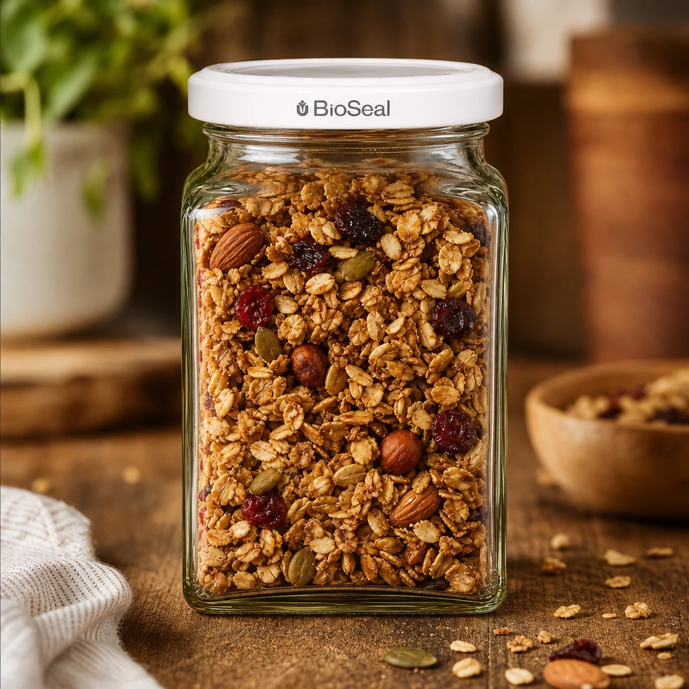 260ml Tetraglas + BioSeal Deckel weiß UNiTWIST UNiTWIST Tetra260 Vorratsglas gefüllt mit Müsli Nüssen Trockenfrüchten weißer TO58 BioSeal Deckel Küche