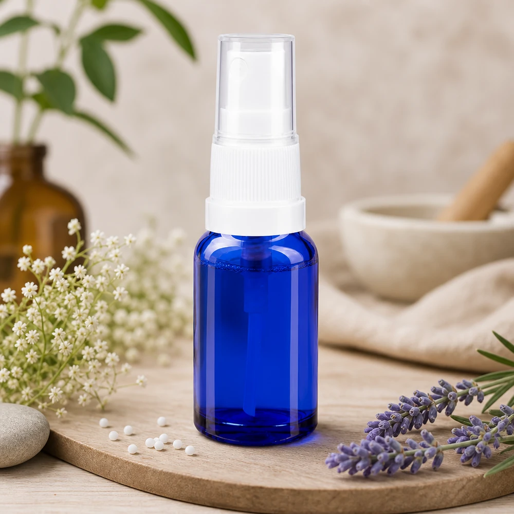 Apothekenflasche blau 10ml Sprayaufsatz weiß Dunkelblauer 10ml Glasbehälter mit weißem Standardzerstäuber für homöopathische Zubereitungen