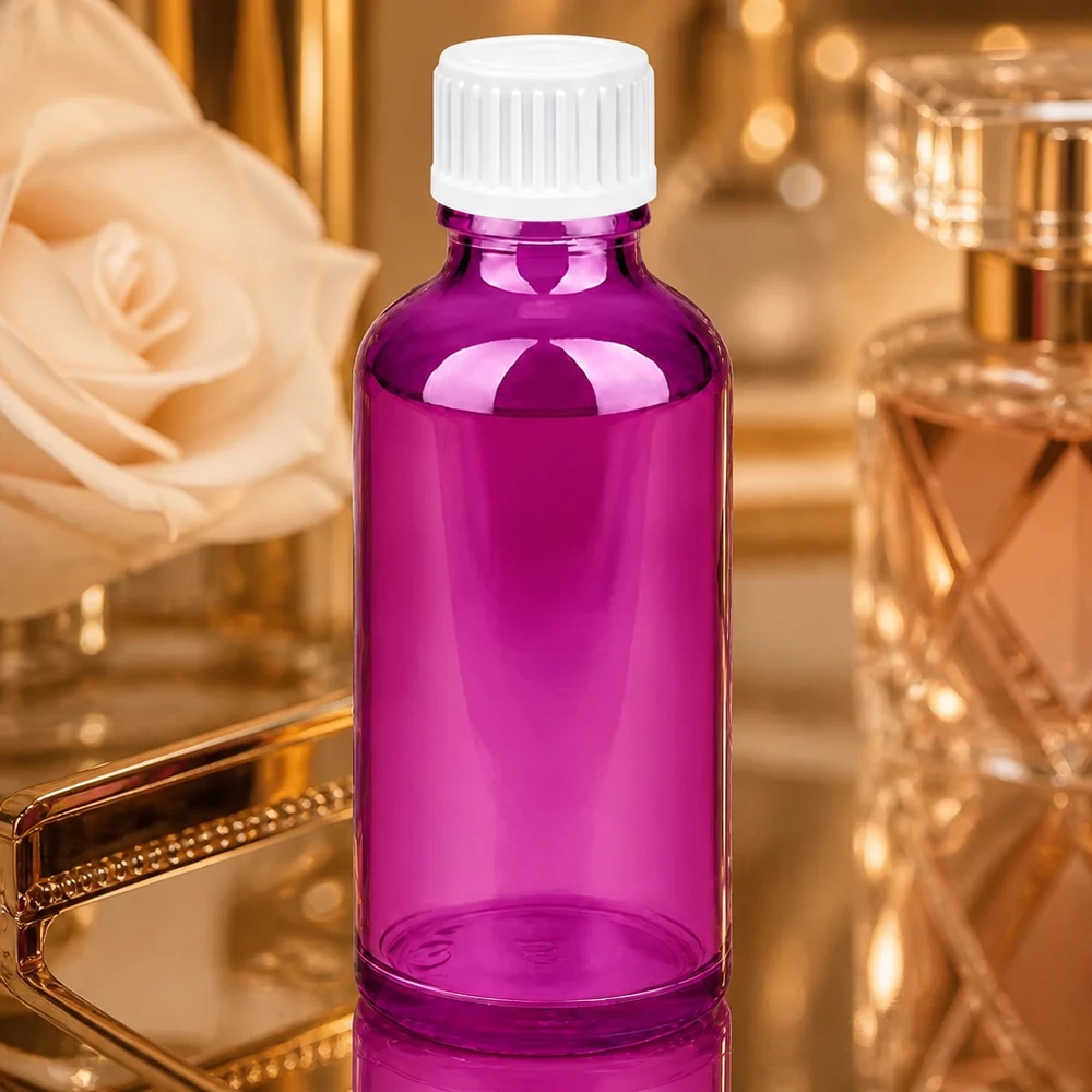 Flacone da 50 ml (globuli) con anello versatore da 3 mm bianco Standard PurpleLine. UT18/50 Flacone rotondo in vetro viola da 50 ml con protezione UV ideale per sostanze ed estratti sensibili alla luce