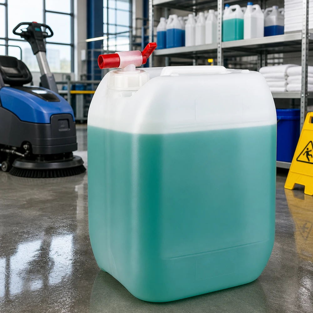 Kanister 10 Liter mit Auslaufhahn Quadratischer 10L Kanister mit Auslaufhahn und türkisem Reinigungskonzentrat in Werkshalle