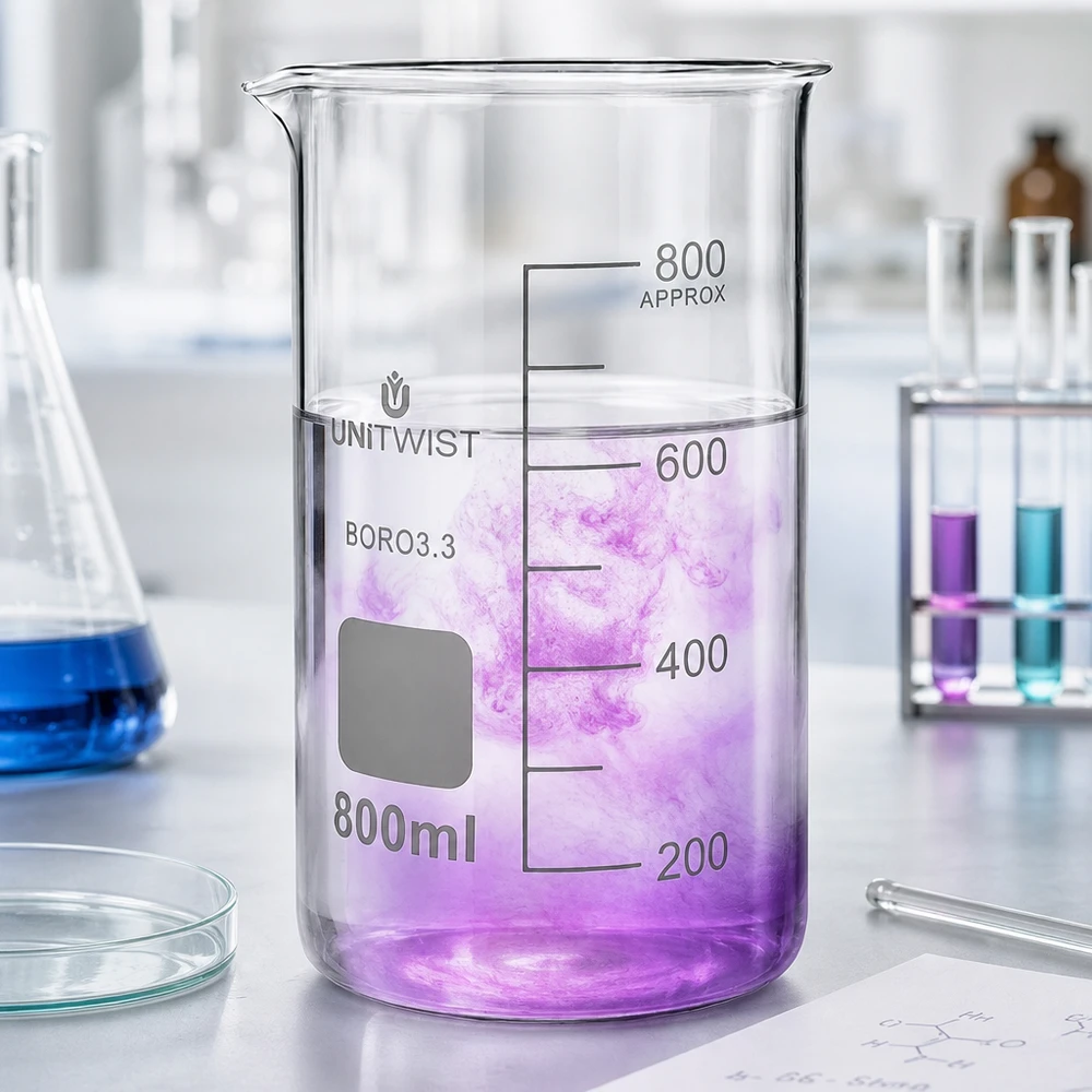 Bicchiere 800ml borosilicato, stampo alto UNITWIST Becher da 800 ml, modello alto UNITWIST, con liquido viola in laboratorio; vetro borosilicato