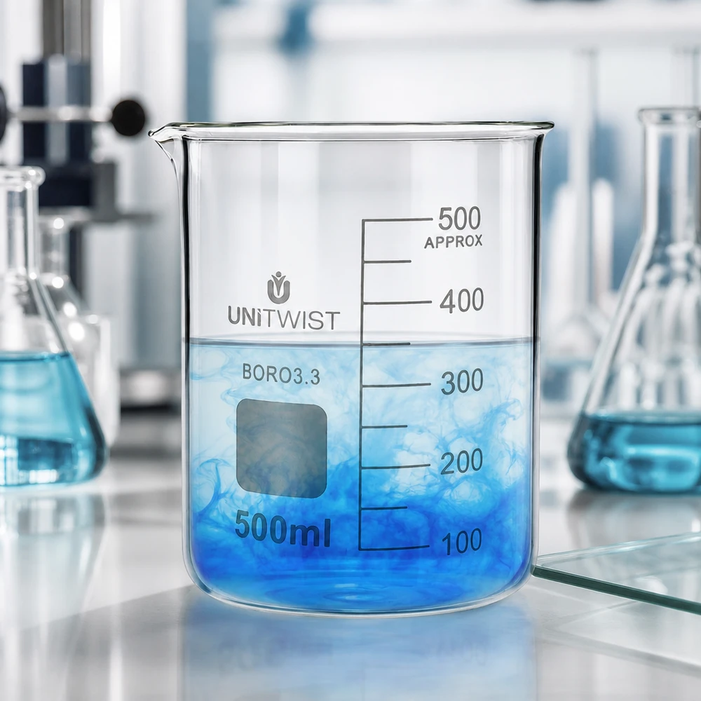 Bicchiere 500ml borosilicato, stampo basso UNiTWIST Bicchiere da laboratorio in borosilicato da 500 ml UNiTWIST, forma bassa, con graduazione incisa e beccuccio