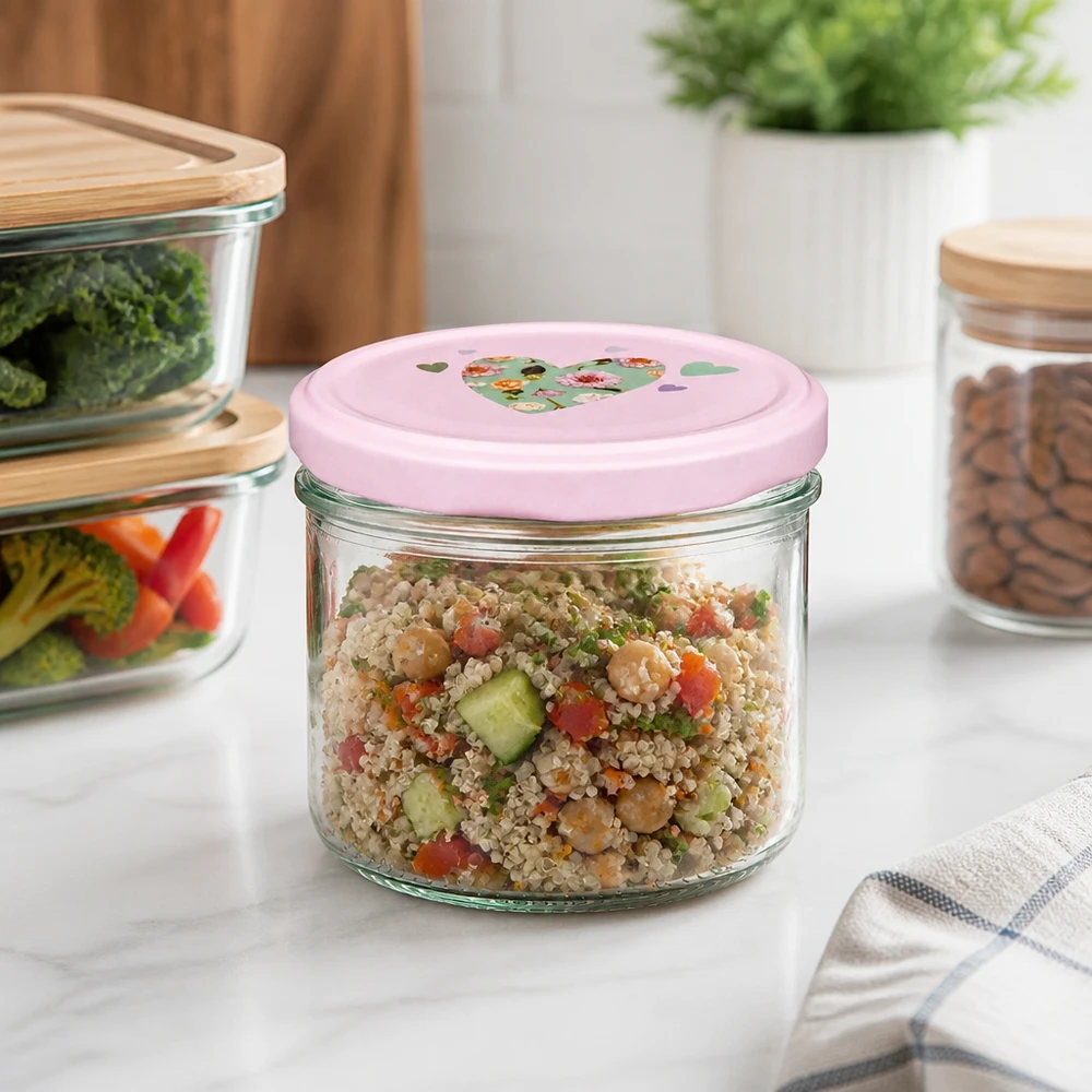 230ml Zylinderglas + BasicSeal Deckel Herz rosa 230ml Zylinderglas mit rosa Herz-Deckel in moderner Küche, ideal für Quinoa-Salat und gesunde Meal-Prep-Gerichte