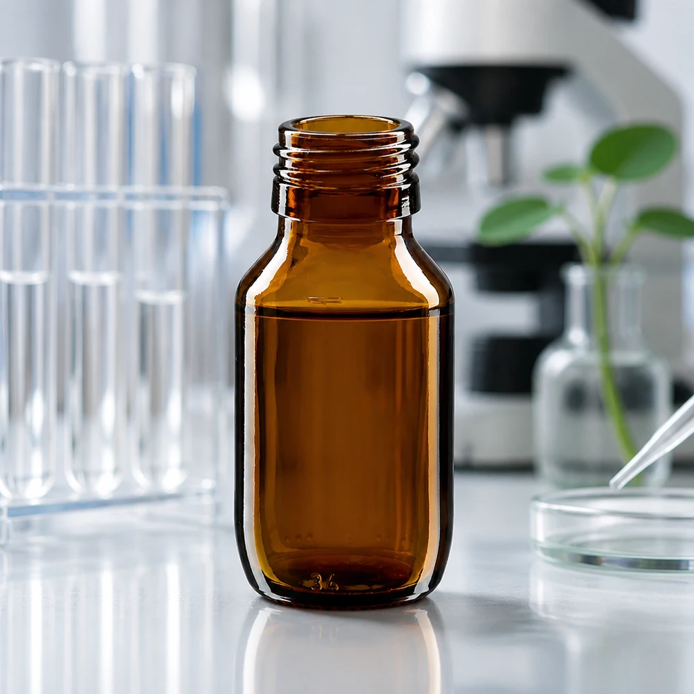 Bottiglia piccola da 50 ml in vetro ambrato senza coperchio Filettatura PP28 per applicazioni di laboratorio