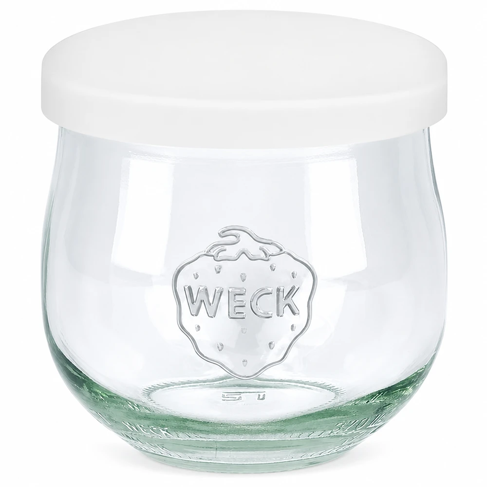 Vaso a tulipano WECK da 370 ml con coperchio in silicone bianco Vaso per conserve con logo WECK in rilievo