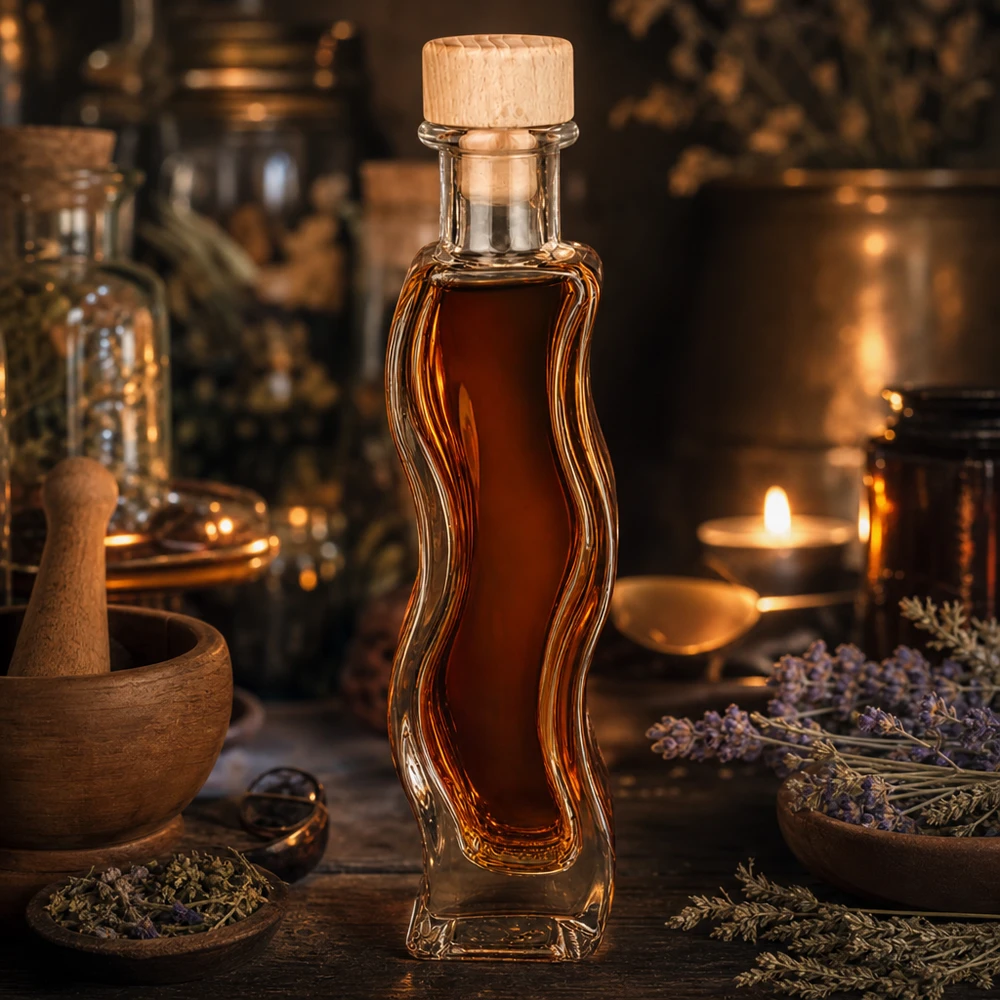 Flacone in vetro Melissa da 100 ml con contenuto ambrato Tappo in legno Atmosfera da speziale rustico Lume di candela alla lavanda
