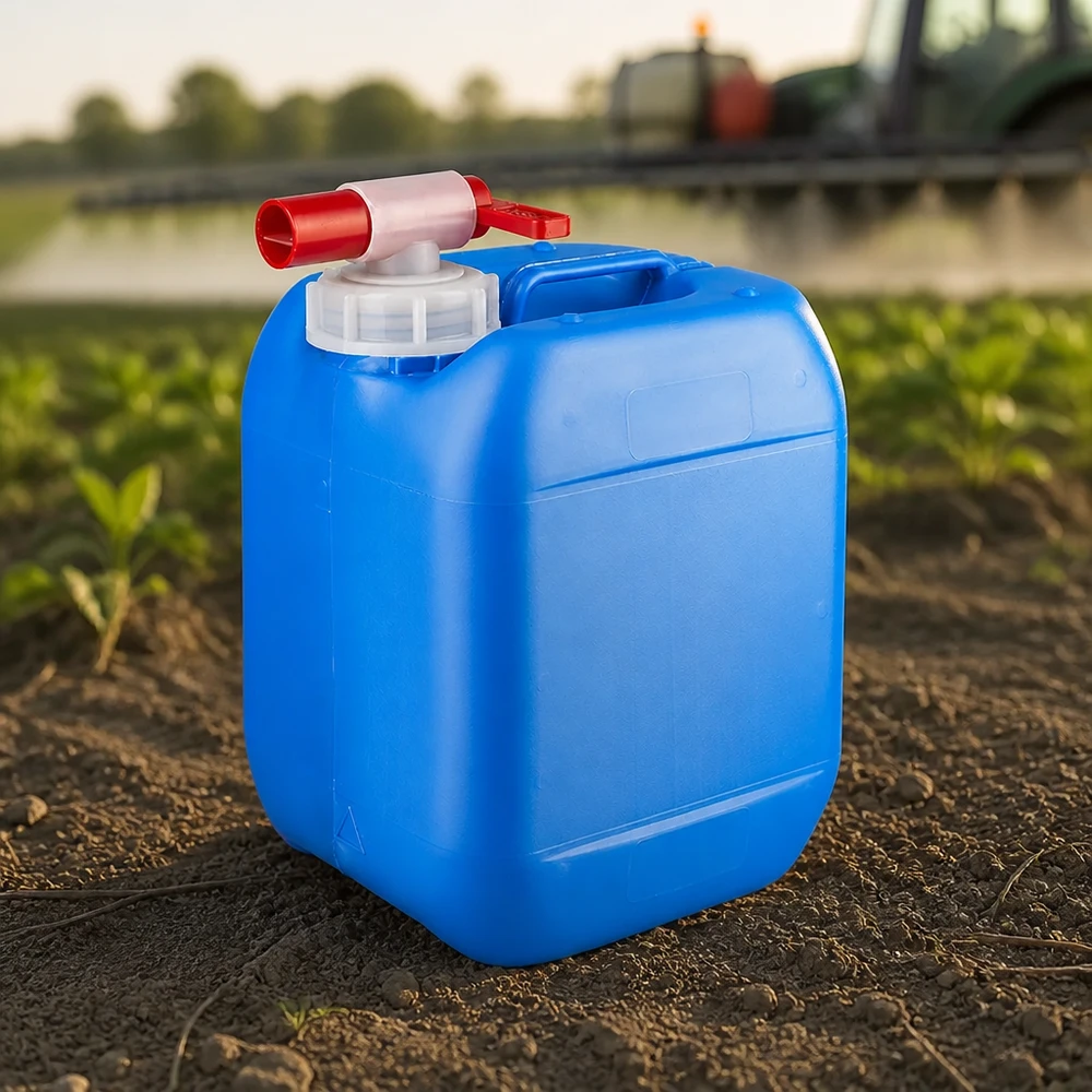 Kanister 5 Liter blau mit Auslaufhahn Rechteckiger Agrarkanister 5 Liter blau mit Absperrhahn auf Ackerboden bei Feldarbeit