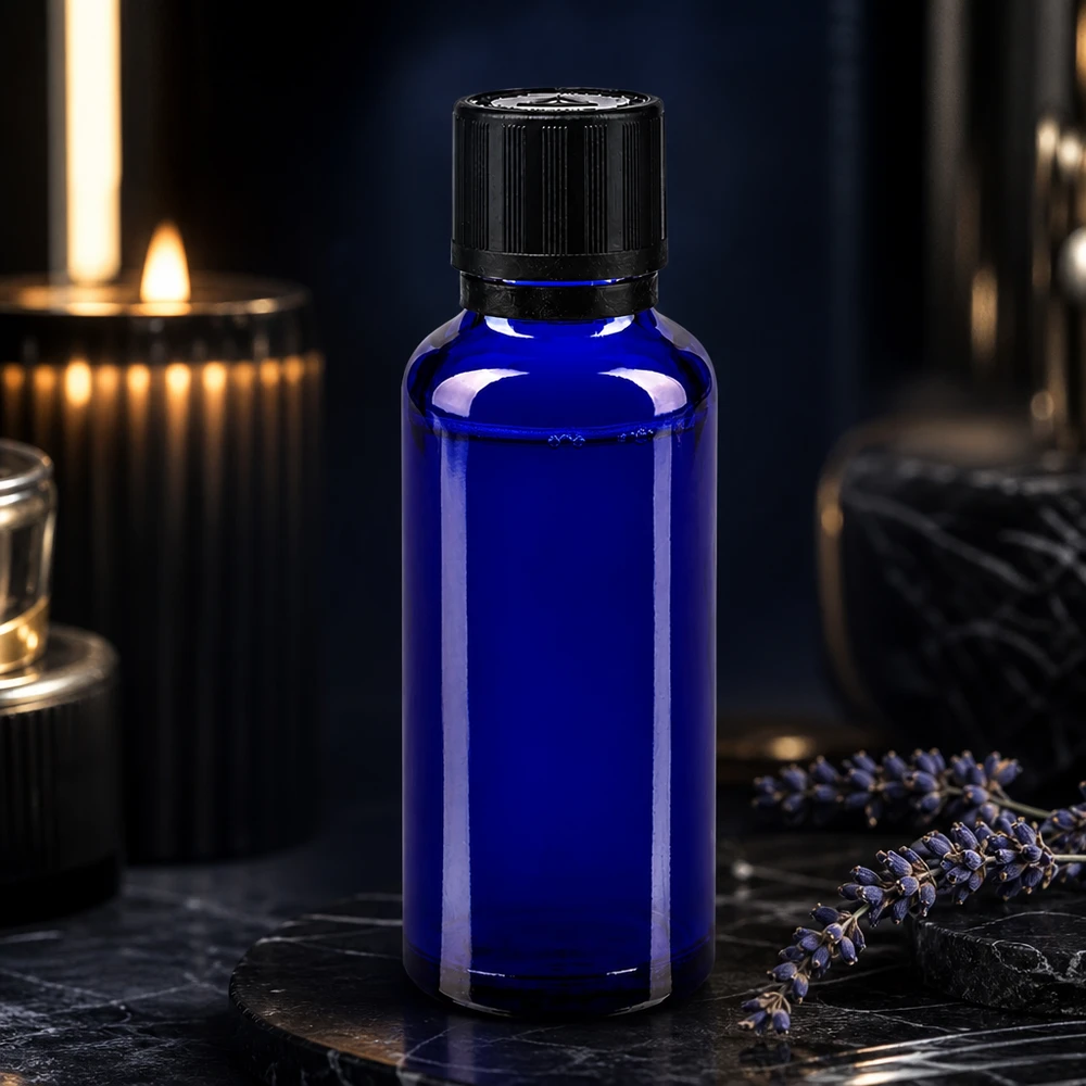 Flacon en verre bleu de 30 ml avec bouchon à vis noir et sécurité enfant pour huiles essentielles