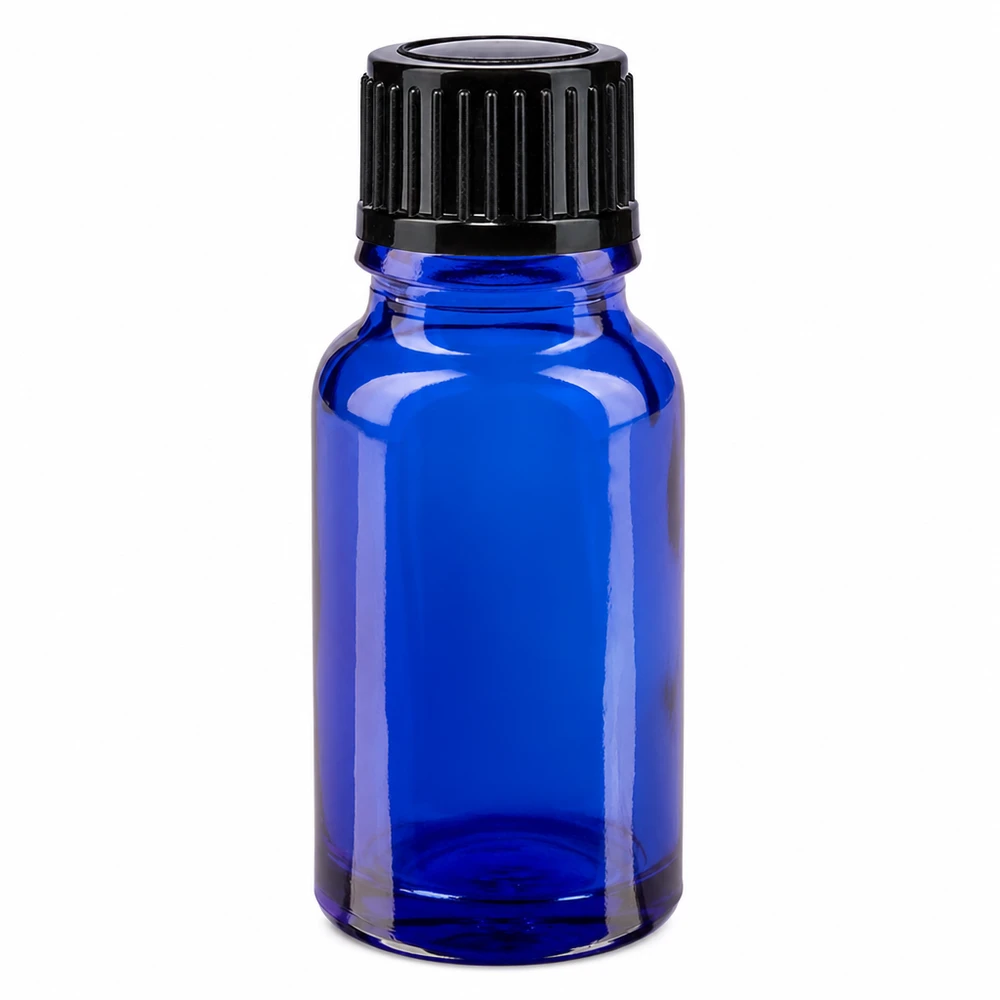 Hochwertige 10ml Tropfflasche aus blauem Schutzglas mit schwarzem Verschluss