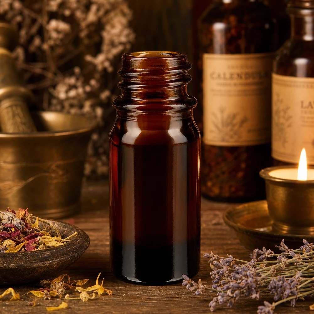 Flacon de médecine compte-gouttes 5ml brun DIN18 Bouteille de verre brun 5ml ApoGlas avec mortier d'herbes médicinales et bougie dans une atmosphère de pharmacie naturelle