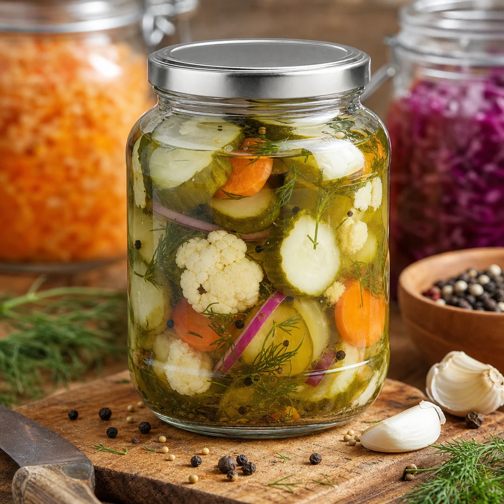 Barattolo ovale da 370 ml con coperchio BasicSeal pieno di verdure ed erbe fermentate su una tavola di legno con spezie