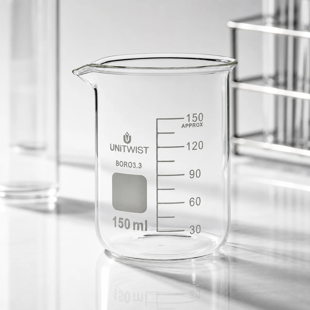 Bicchiere 150ml borosilicato, stampo basso UNiTwist Bicchiere UNiTwist da 150 ml in borosilicato 3.3, di forma bassa, vuoto, su un piano da laboratorio bianco