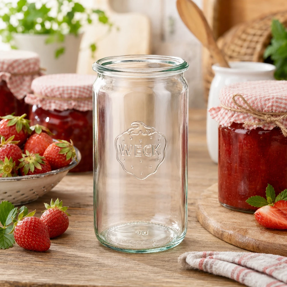 Barattolo di vetro cilindrico WECK RR60 da 340 ml Barattolo cilindrico WECK 340ml RR60 in scena di cucina con fragole e marmellata fatta in casa su tavolo di legno