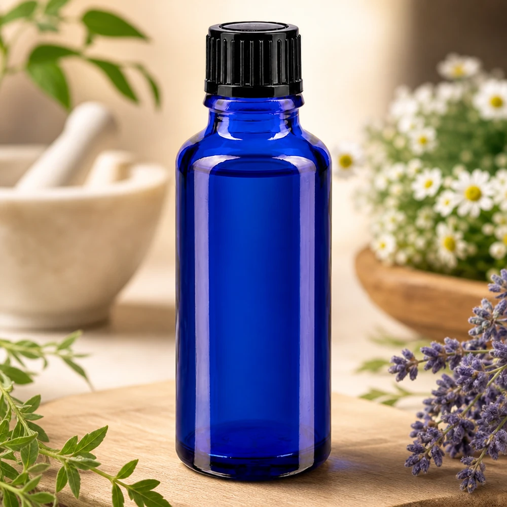 Apothekenflasche blau 30ml Schraubverschluss schwarz Standard Blaue Tropfflasche 30ml aus Apothekerglas mit Naturkräutern und Gänseblümchen