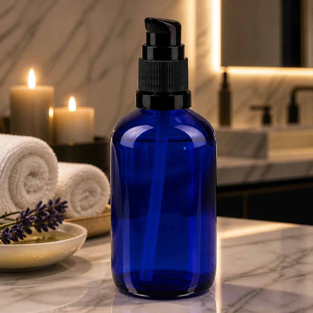 Apothekenflasche blau 100ml PumpVerschluss schwarz Standard 100ml blaue Apothekerglasflasche mit schwarzem Dosierspender für Kosmetik und Pflegeprodukte
