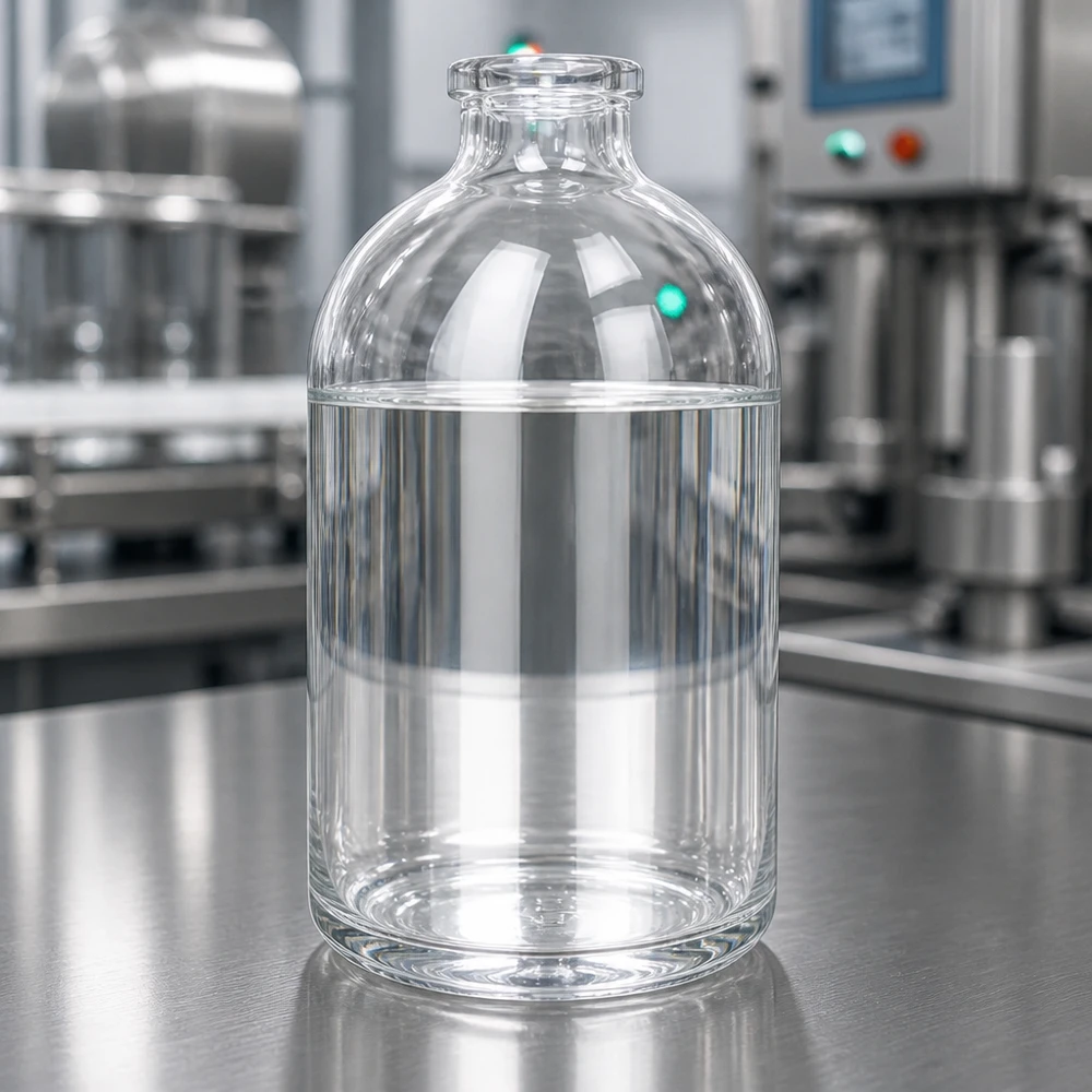 Injektionsflasche Klarglas 100ml Medizinische Klarglasflasche 100ml mit flachem Standboden vor industriellem Maschinenhintergrund