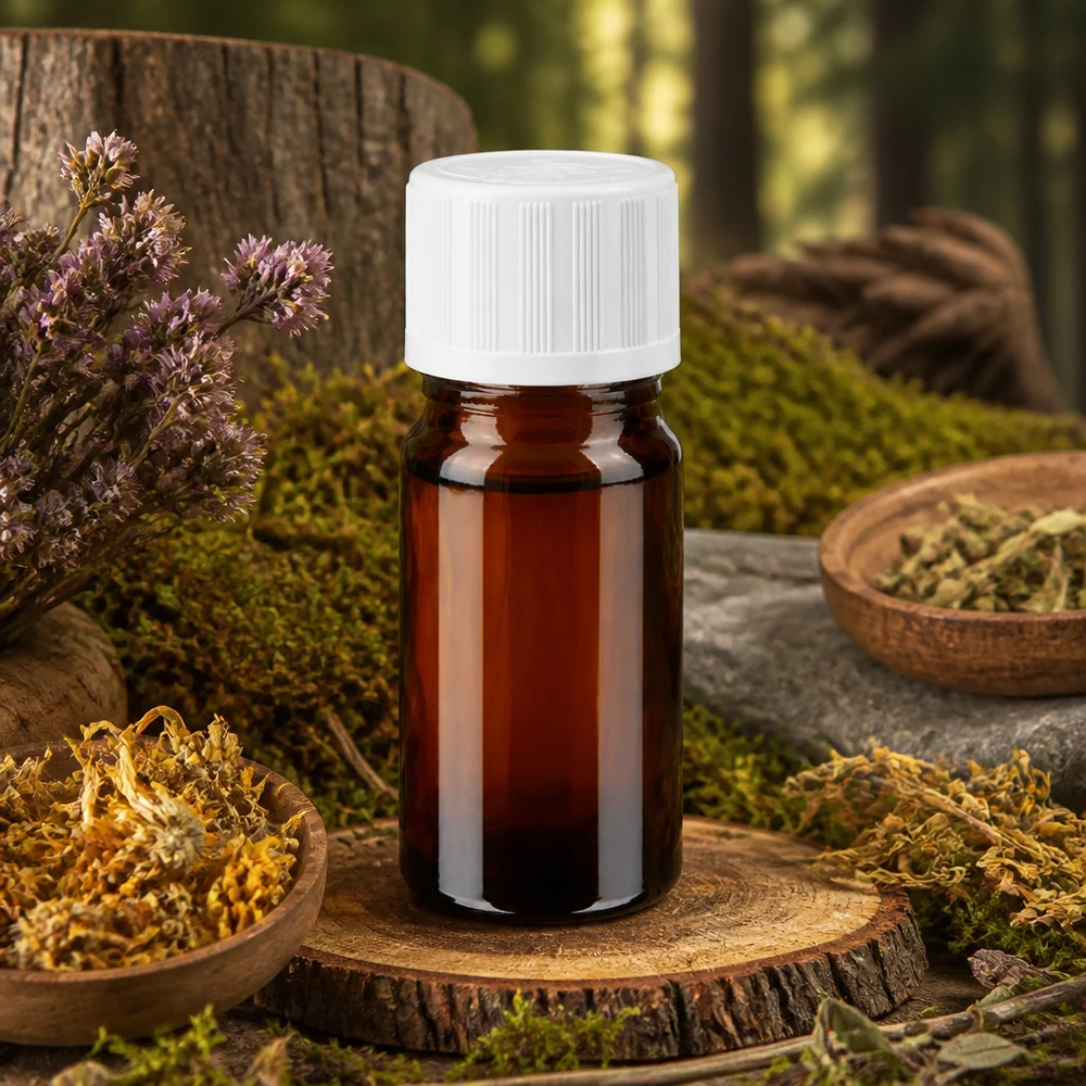 Petit flacon en verre ambré de 5 ml muni d'un bouchon KiSi blanc, posé sur un disque en bois parmi des herbes naturelles