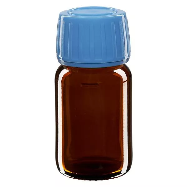 Flacone per medicinali da 30 ml marrone, tappo blu con chiusura antimanomissione Flacone per medicinali da 30 ml marrone, tappo blu con chiusura antimanomissione
