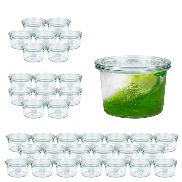 Set di 36 tumbler Weck da 80 ml con 36 coperchi in vetro Set di 36 tumbler Weck da 80 ml con 36 coperchi in vetro