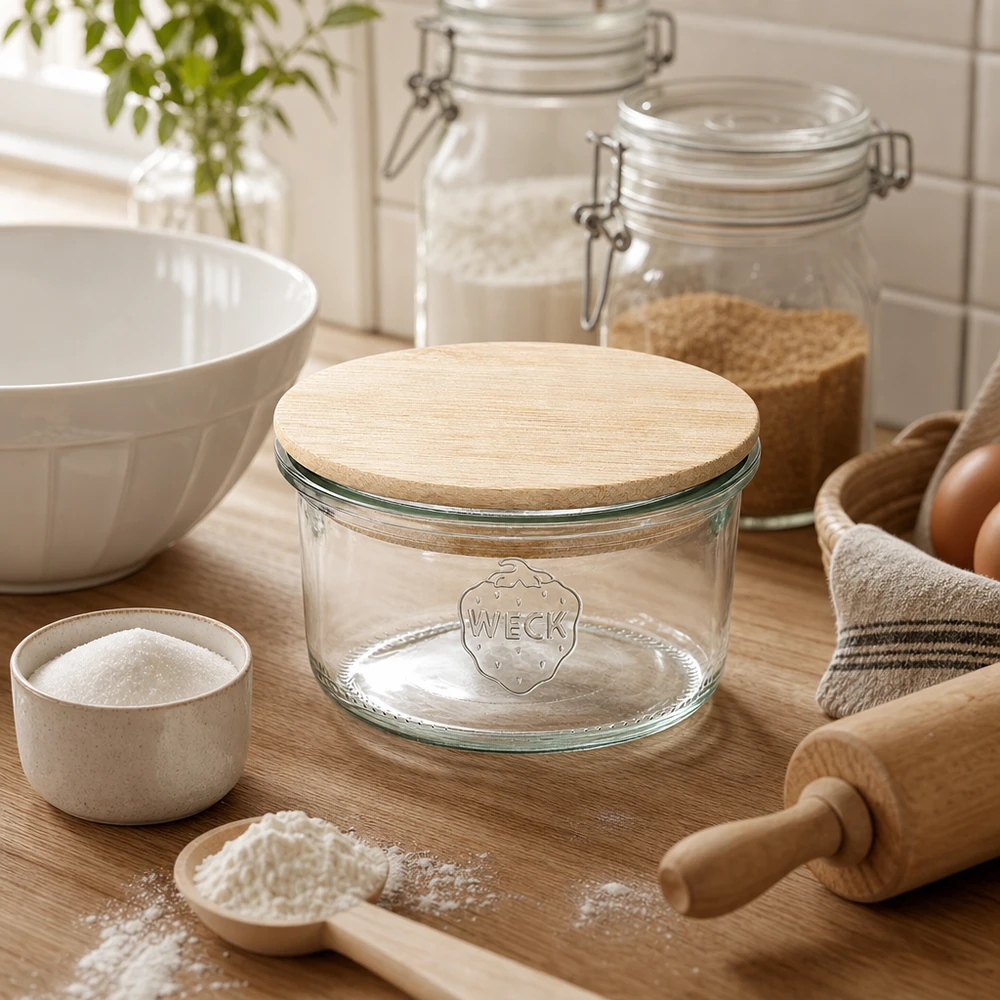 165ml Sturzglas WECK RR80 mit Holzdeckel WECK Sturzglas RR80 165ml mit Bambusdeckel in natürlicher Küchenszene mit Backzutaten und Holzutensilien