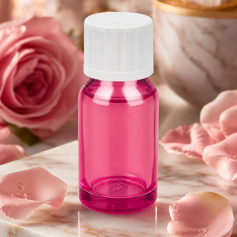 Pratico flacone da 10 ml in magenta-viola con tappo bianco a prova di perdite