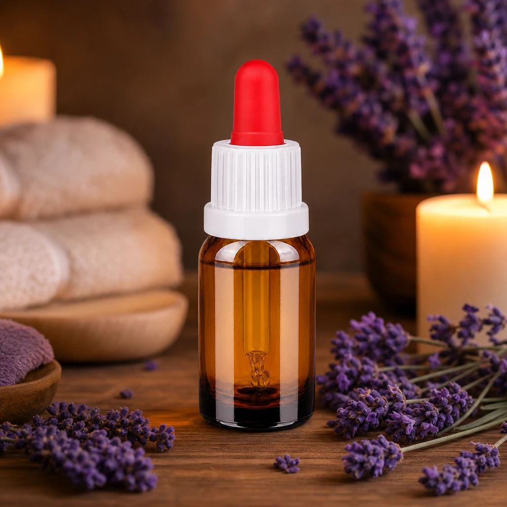 Flacone a pipetta da 10 ml in formato compatto con contagocce rosso per applicazioni di aromaterapia