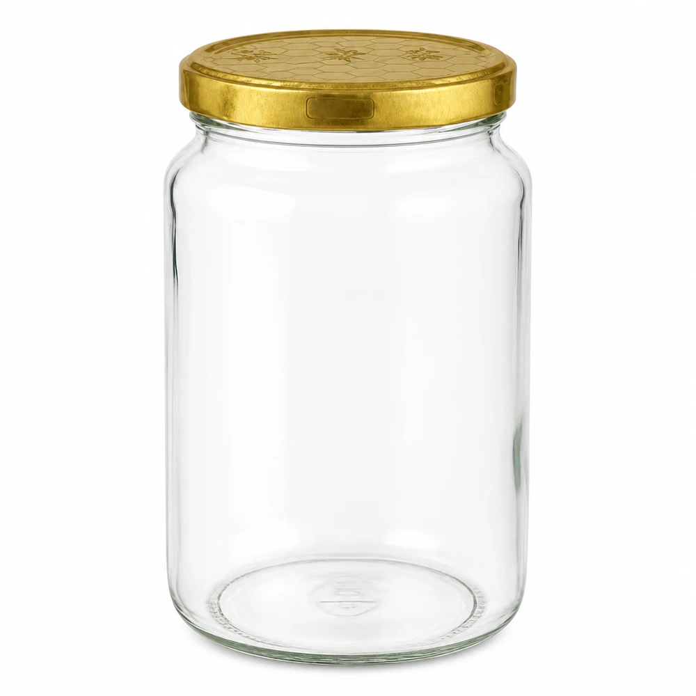 Vasetto rotondo da 795 ml con coperchio BasicSeal dorato a nido d'ape UN per miele e marmellata