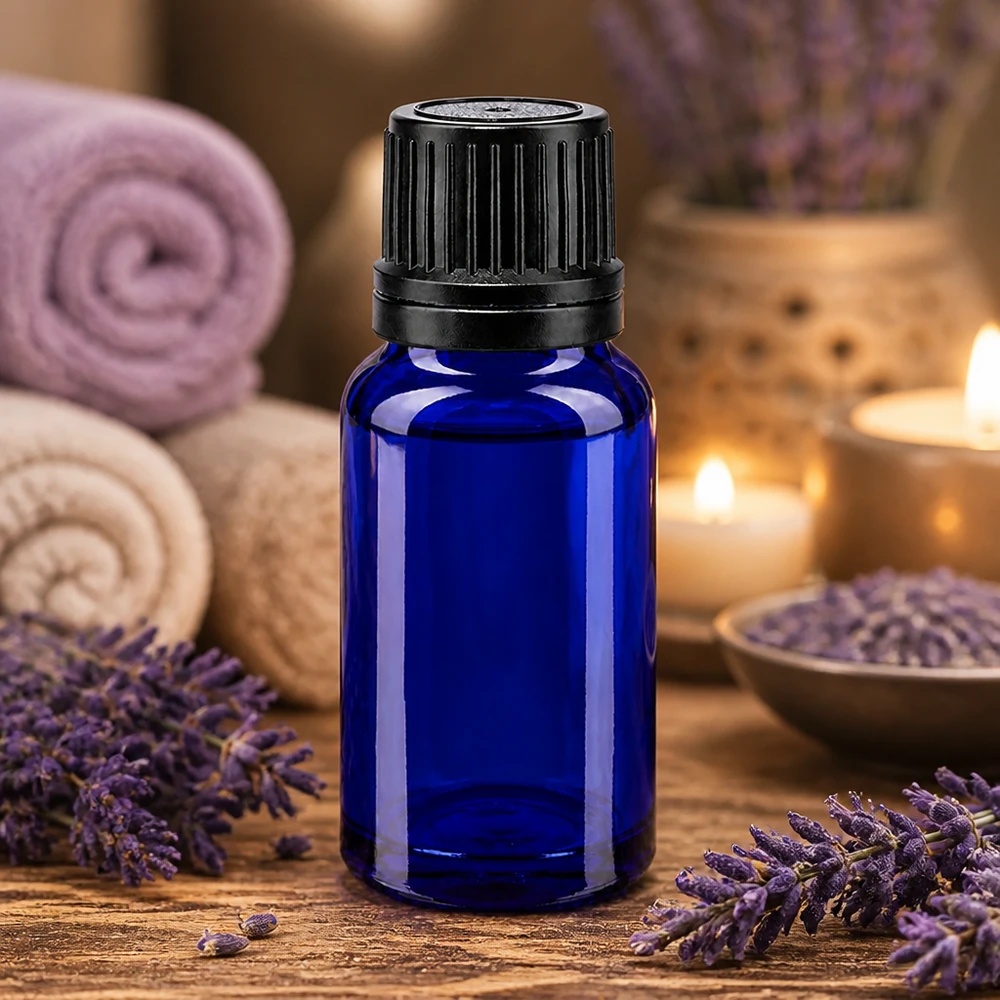 Tropfflasche aus blauem Apothekerglas 10ml mit manipulationssicherem schwarzen Deckel