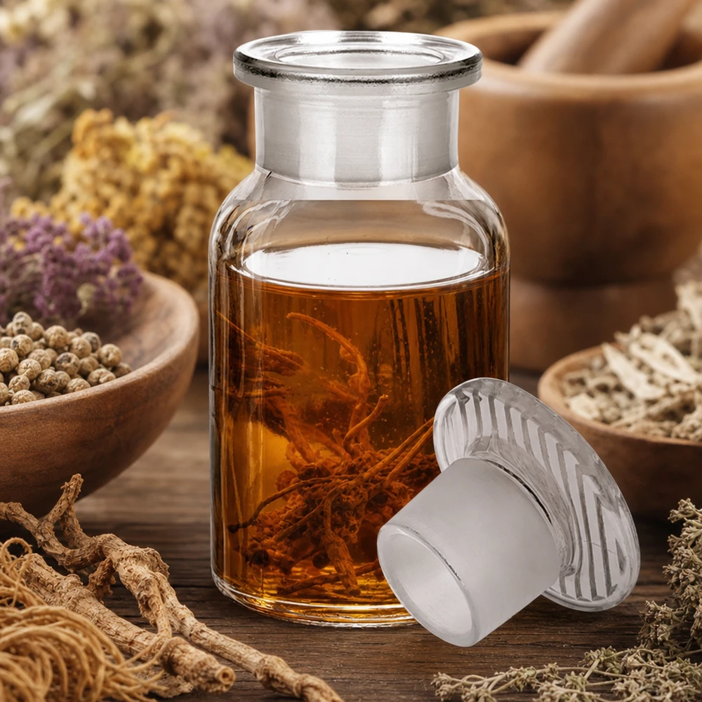 Flacone a spalle arrotondate da 100 ml, trasparente, con tappo in vetro a collo largo, per estratti di erbe e tinture
