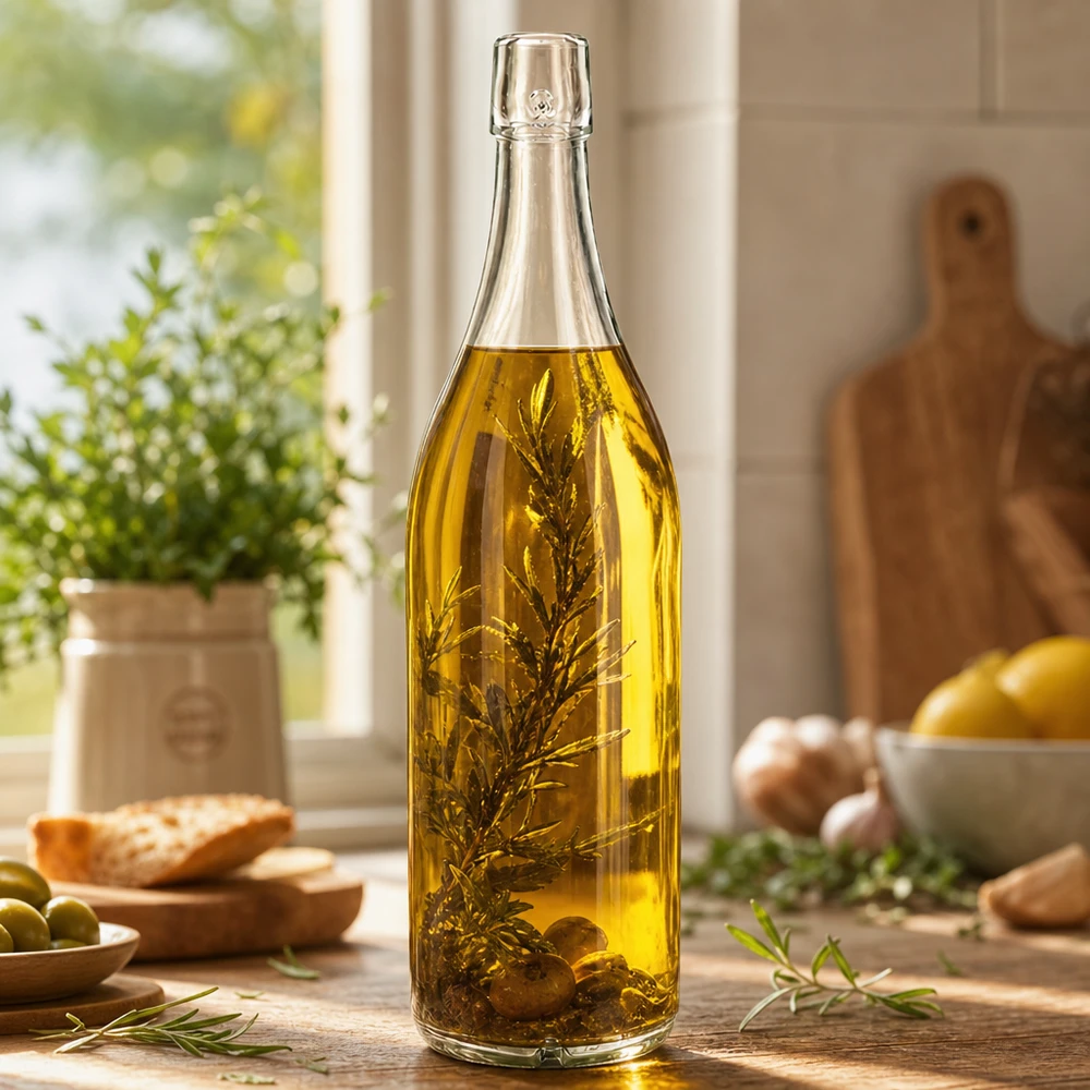 Bottiglia di vetro 1000ml UNiTWIST riempita con olio d'oliva erbe aromatiche Scena di cucina Esempio di applicazione Tappo a vite
