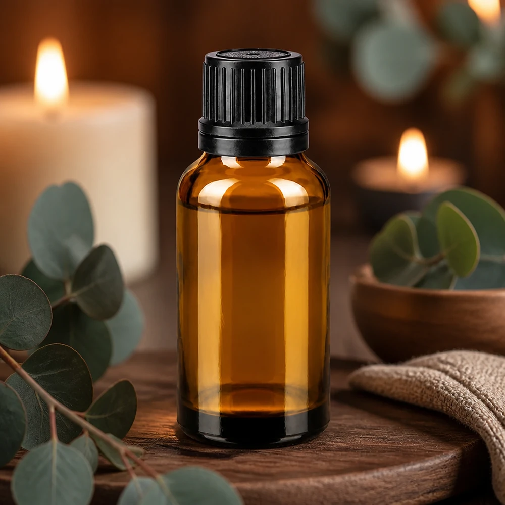 Flacon à usage pharmaceutique bleu 20ml bouchon d'inviolabilité noir 1mm Flacon en verre brun de 20 ml avec bouchon compte-gouttes noir, posé sur du bois, accompagné d'eucalyptus et de bougies
