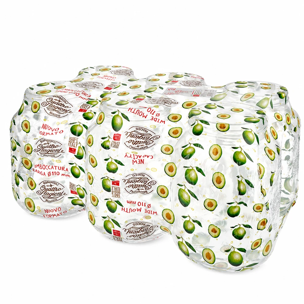 Vaso rotondo "Quattro Stagioni" da 3000 ml con coperchio Bicchieri rotondi Quattro Stagioni da 3000 ml impilati con etichette con motivo a oliva mostrano variazioni di dimensioni e design