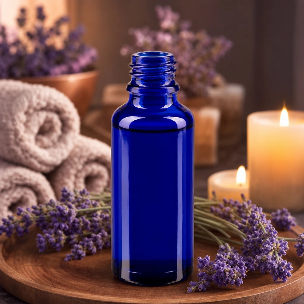 30ml ApoGlas Apothekenflasche in Dunkelblau auf Holztablett mit entspanntem Spa-Dekor