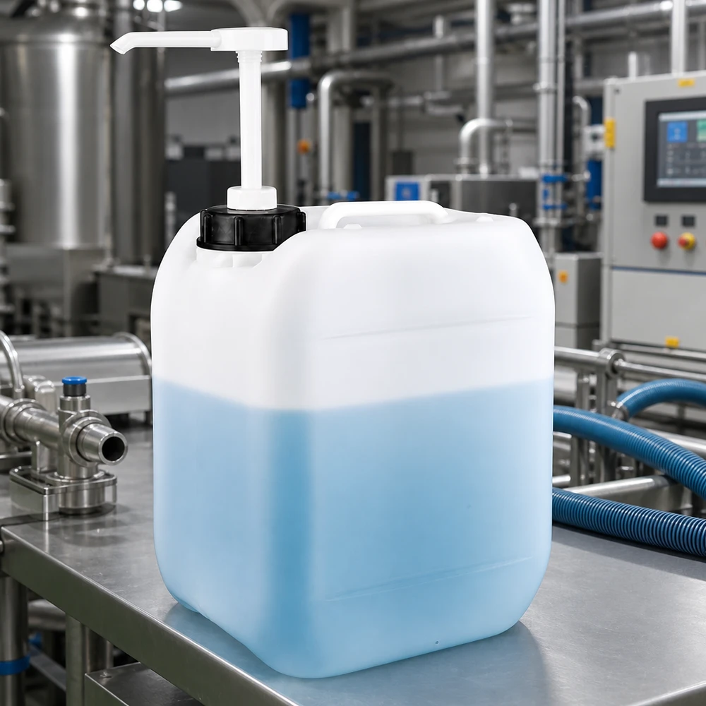 Jerrican de 5 litres avec pompe doseuse Bidon transparent de 5 litres contenant un liquide bleu et muni d'une pompe doseuse blanche, dans une usine de production industrielle