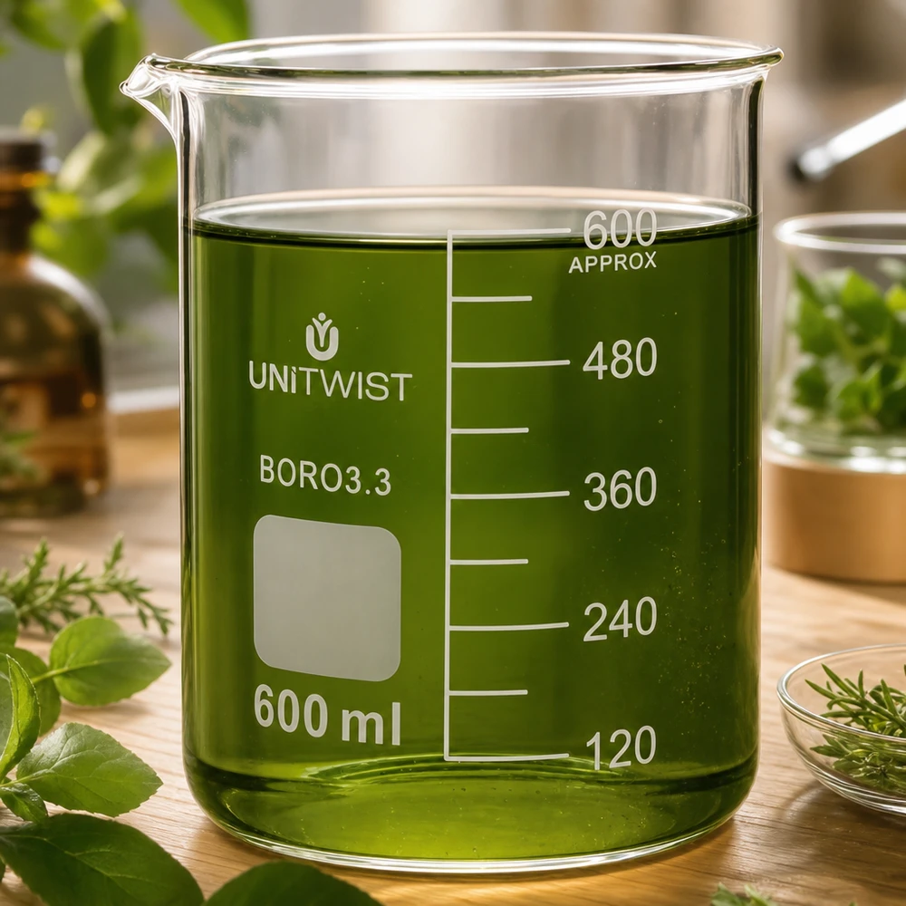 Bicchiere da 600 ml in borosilicato, stampo basso UNiTWIST Bicchiere UNiTWIST da 600 ml riempito con un liquido alle erbe di colore verde e circondato da erbe fresche