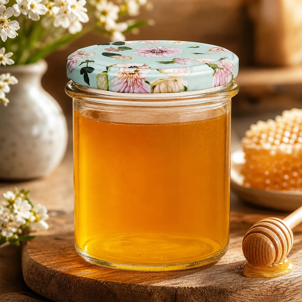 350ml Sturzglas + BasicSeal Deckel Blume mint UNiTWIST Sturzglas 350ml mit BasicSeal Deckel Blume mint gefüllt mit goldenem Honig, Honiglöffel und Waben auf Holzbrett