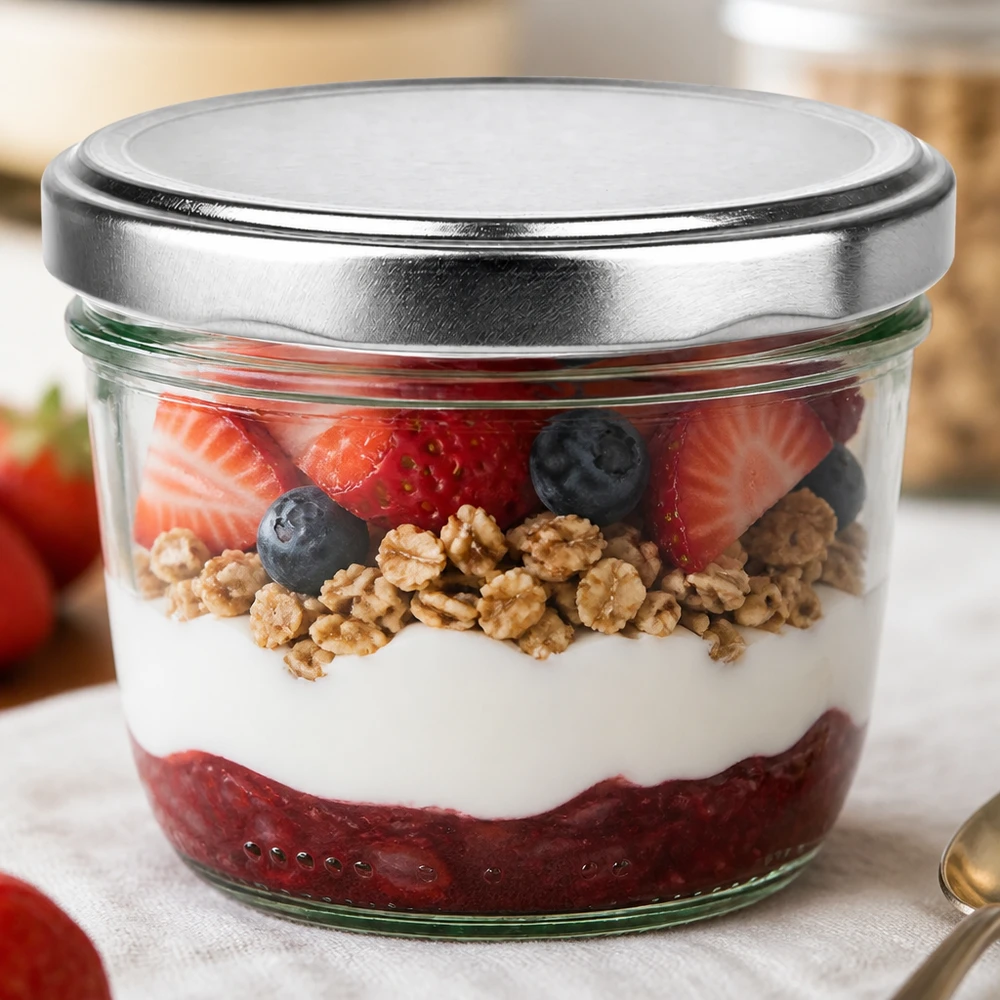 Bicchieri da 230 ml con coperchio argentato BasicSeal riempiti di yogurt, bacche e noci come dessert in barattolo Esempio di utilizzo