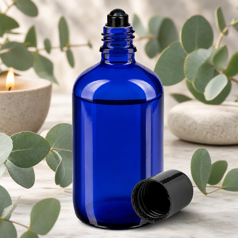 Flacon de déodorant en verre bleu 100 ml, déo à bille vide Flacon roll-on cylindrique de 100 ml, bleu cobalt, avec embout à bille noir et parfum d'eucalyptus
